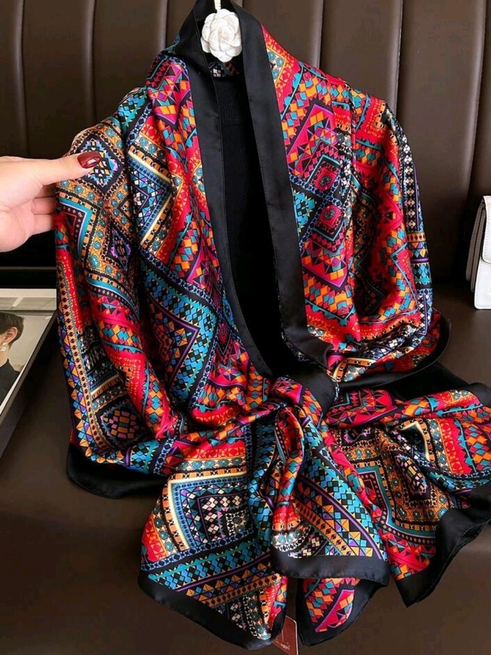 Vibrant Multicolor Geometric Silk-Feel Scarf - Women Accessories - Picture 2 of 3